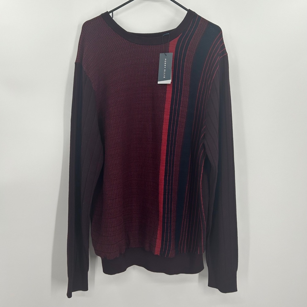 Perry Ellis Mens XXL Crew Neck‎ Striped Sweater Port Red Black NWT